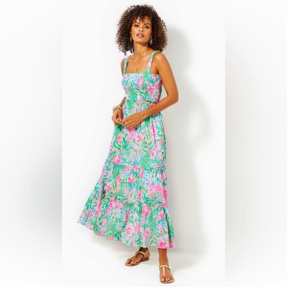 NWT-Lily Pulitzer Hadly smocked cotton maxi-Amalfi Blue Leaf It Wild. Size XS